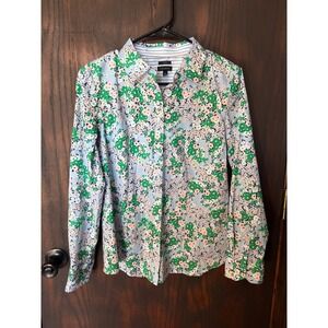 Talbots Non-Iron Floral Button Down Shirt Womens 6 Green Blue Long Sleeve Blouse